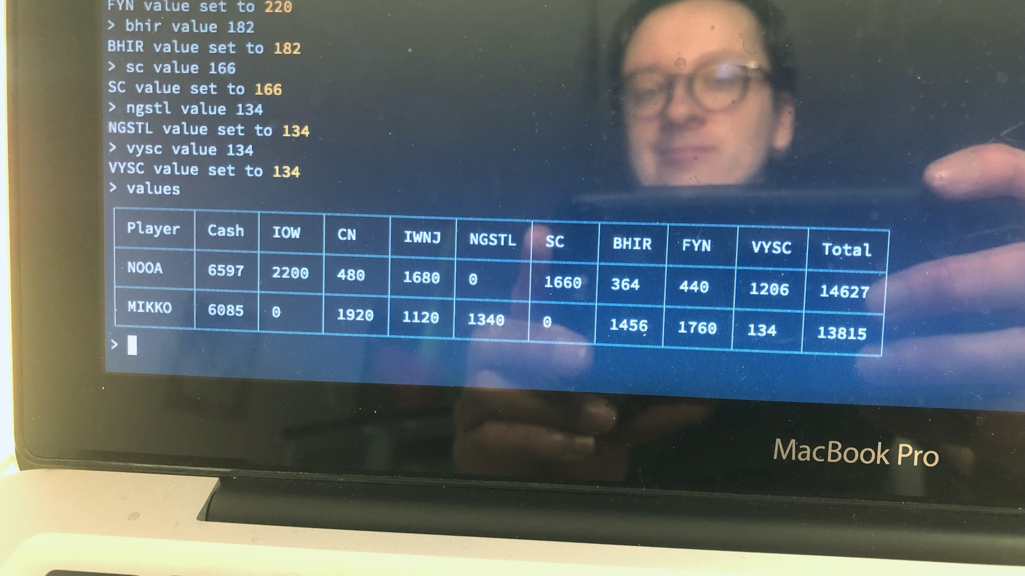 Laptop screen showing the end game scores and the reflection of the photographer