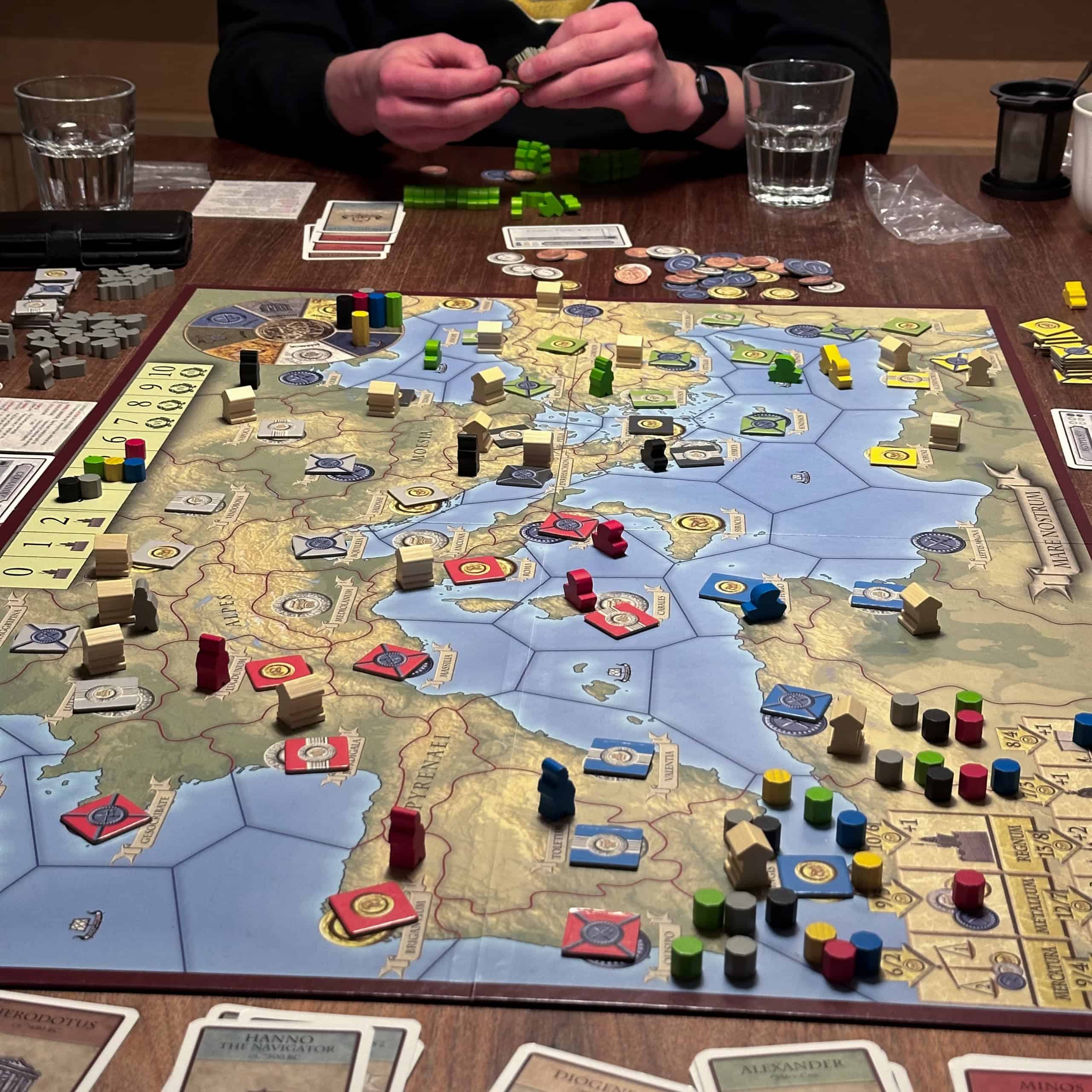 Six-player game of Antike II on the Mare Nostrum board.