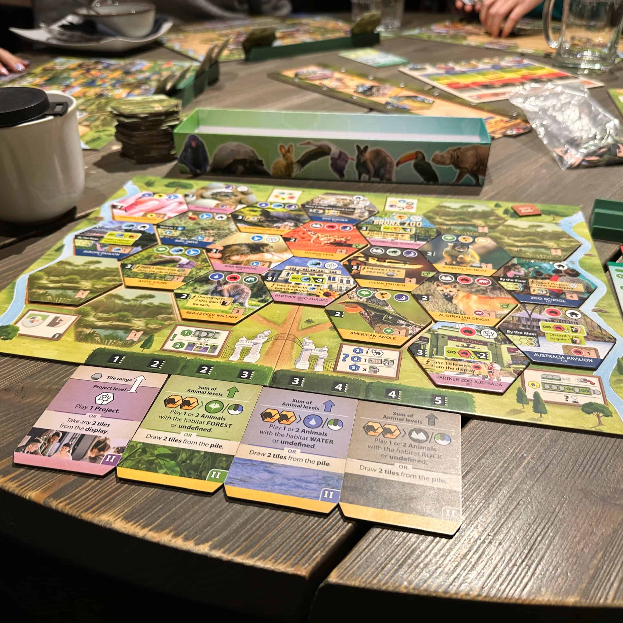 Sanctuary player board, completely filled with animals and other tiles.