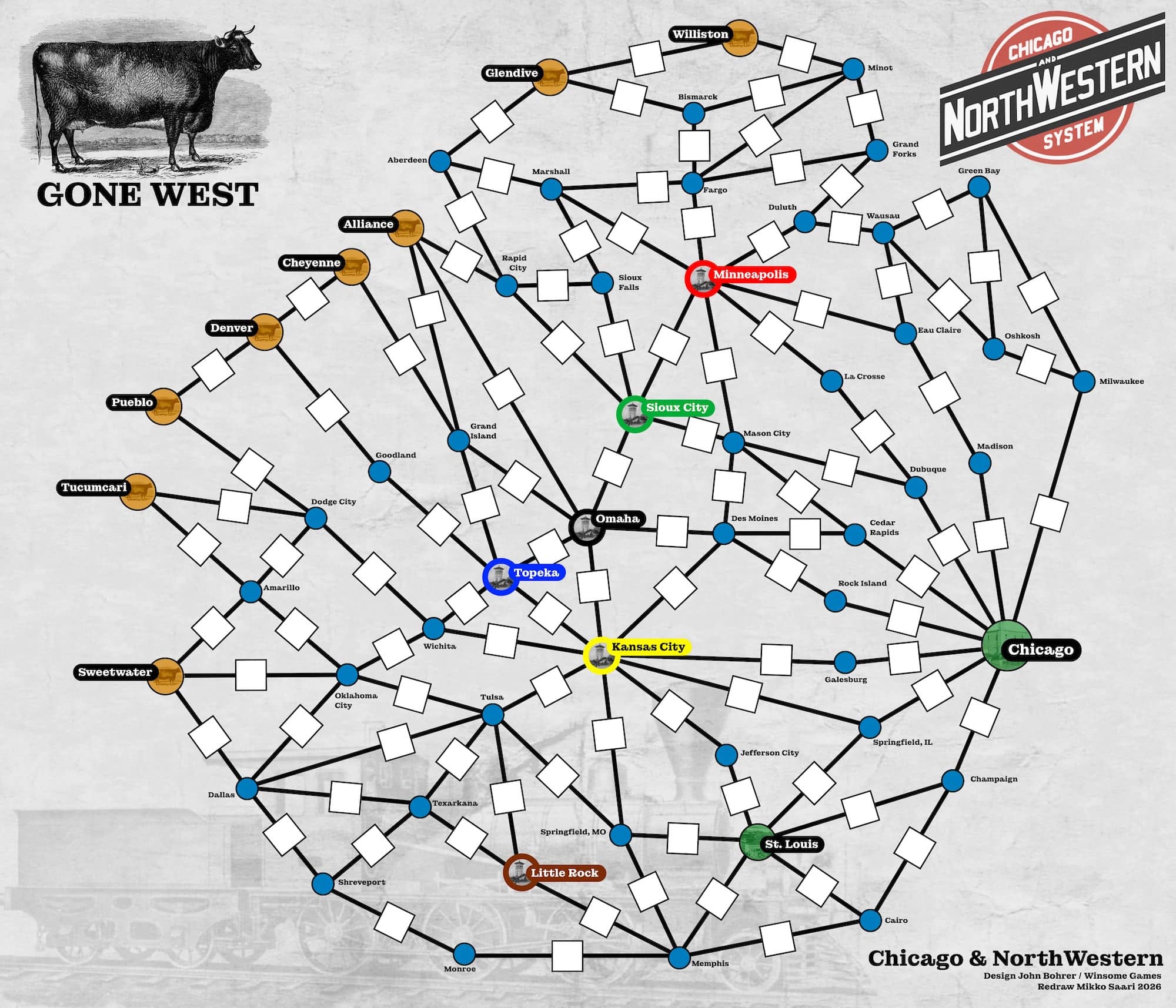 Chicago & NorthWestern board redraw features a network of cities connected by lines with white squares on them. Chicago is a major hub on the right side. There's an old drawing of a cow on the top left corner with the text "Gone West", and a Chicago & NorthWestern System logo in the top right.