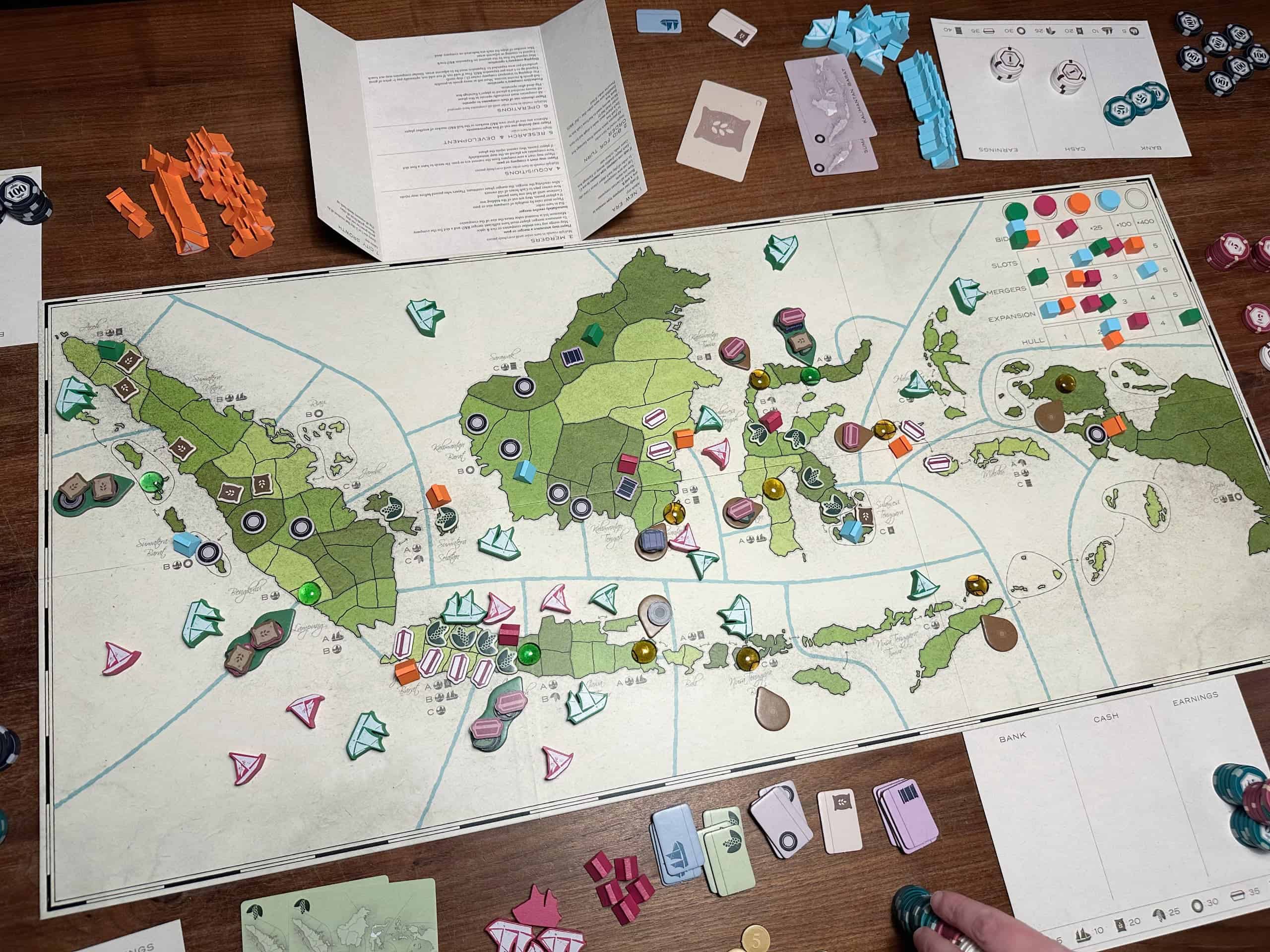 Indonesia third edition board at the end of the game. There are two shipping companies: one smaller and one all over the board. Java Barat is the busiest area, green cities have developed on the south side of Sumatra, in Java and one in northern Sulawesi.