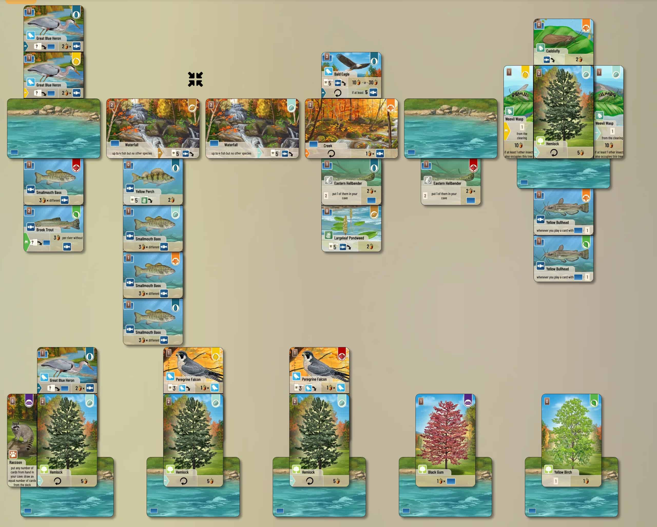Forest Shuffle: Smoky Mountains end of game status, showing a forest with several rivers, six trees and lots of fish.